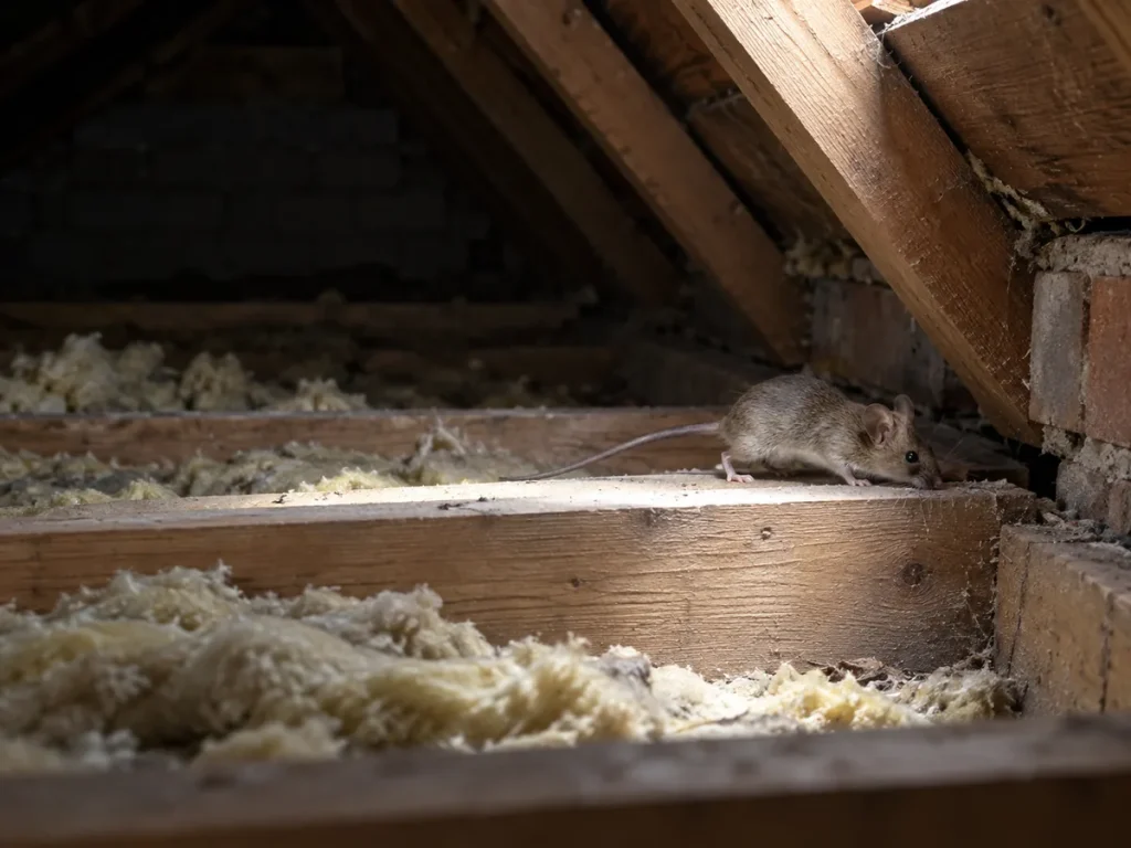 Mouse moving along a timber joist beside insulation in a house loft.