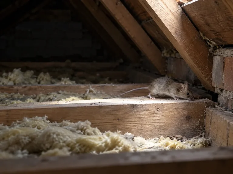 Mouse moving along a timber joist beside insulation in a house loft.