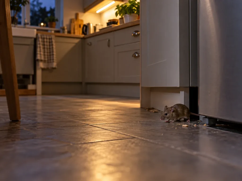 Mouse emerging from a gap beside kitchen units in a home