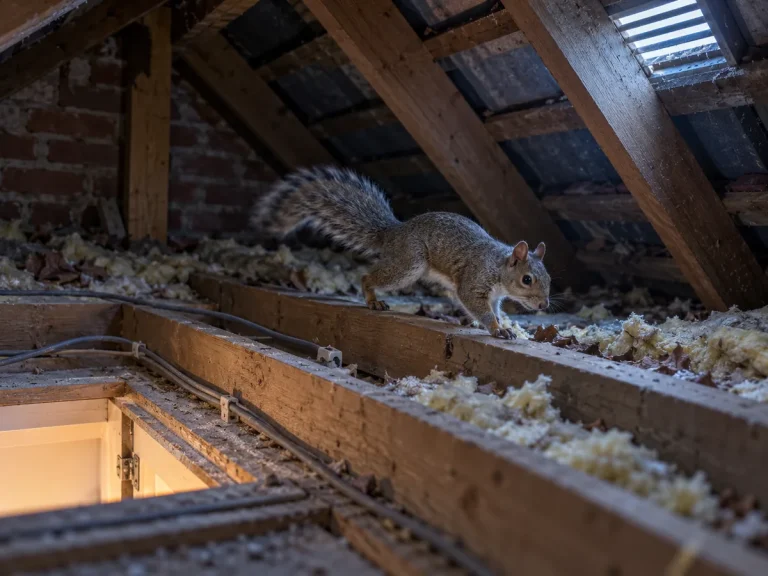 Grey squirrel moving along a loft joist near disturbed insulation